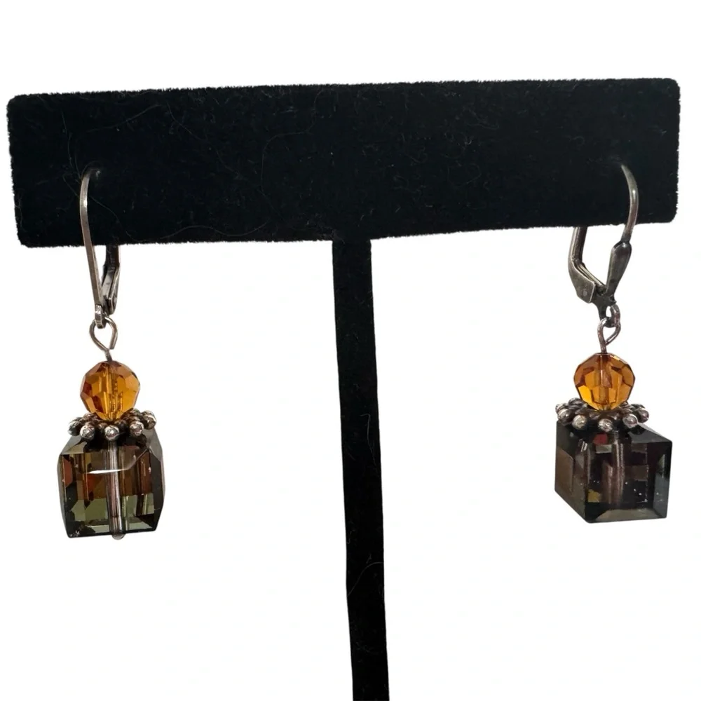 925 Sterling Silver Green Yellow Crystal Minimalist Cube Drop Earrings NEW